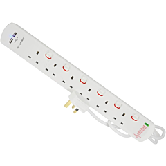 Pro Elec PELB1967 6 Gang Surge Protected Switched With 2X USB 2M White