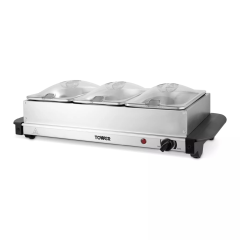 Tower T16150 3-Tray Buffet Server + Plate Warmer Stainless Steel