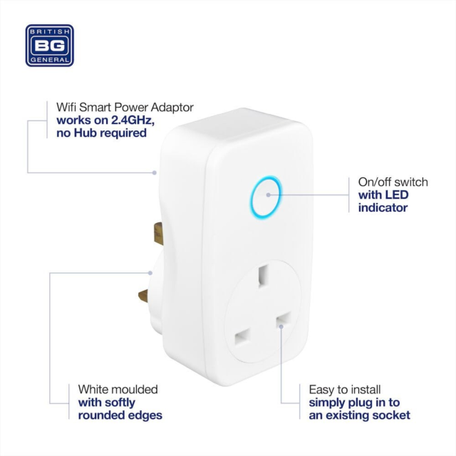 British General AHC/U Power Adaptor Wifi Controlled, 13A Adaptor White