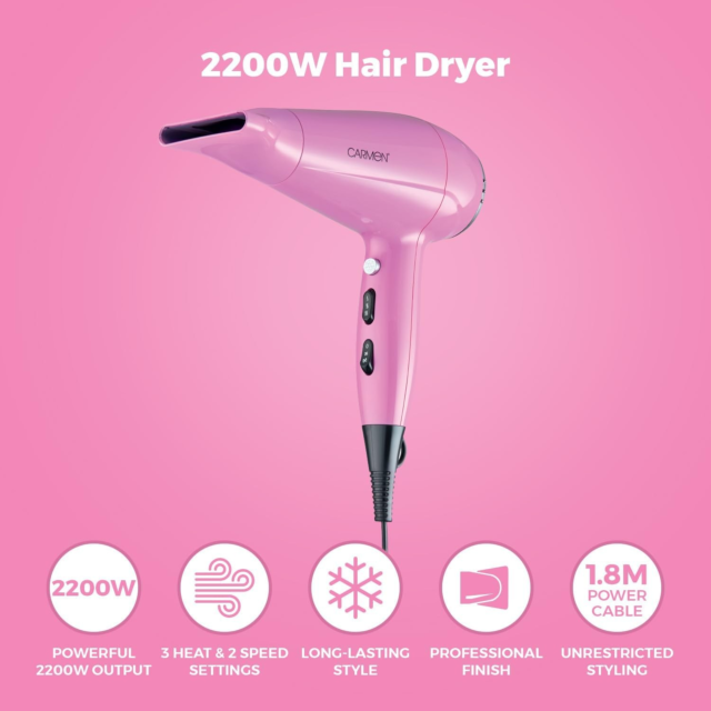 Carmen C81247PNK 2200W Hair Dryer, Three Heat & Two Speed Settings Pink