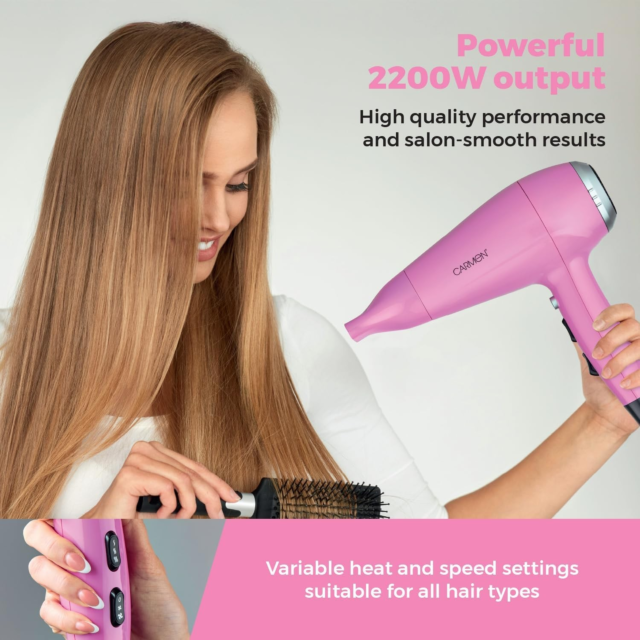 Carmen C81247PNK 2200W Hair Dryer, Three Heat & Two Speed Settings Pink