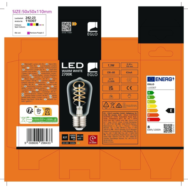 Eglo 110307 Led E27 7.3W = 60W 806 Lumen 2700K