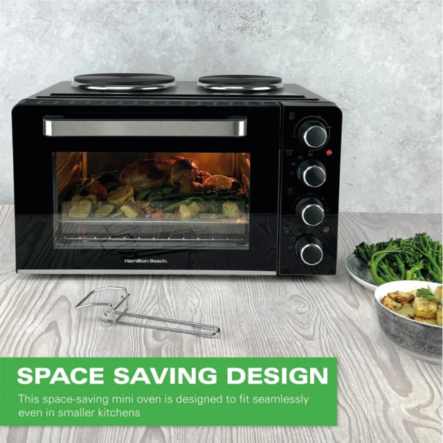 HAMILTON BEACH HB28HDB Mini Oven With Double Hotplate Black