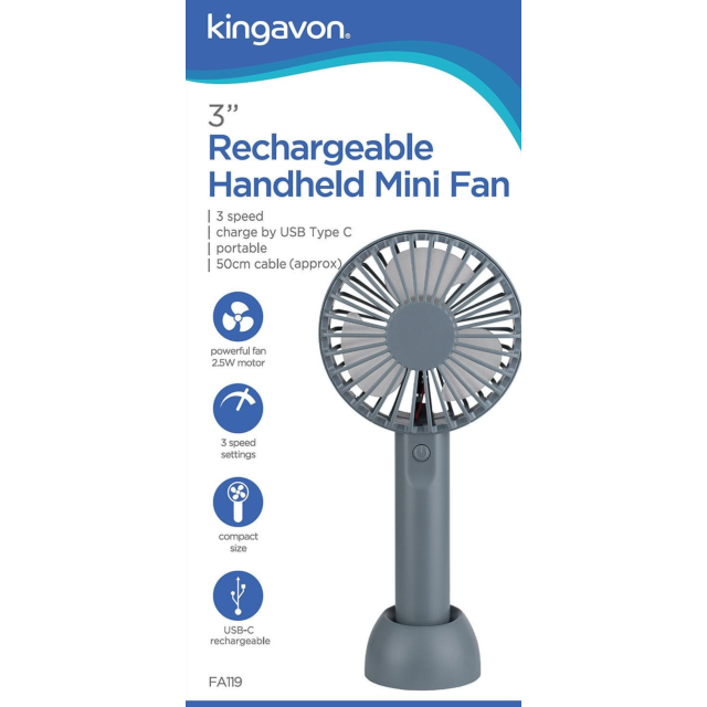 Kingavon FA119 3inch Rechargeable Handheld Mini Fan 3 Speed Grey
