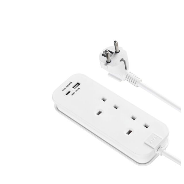 masterplug TAEUR2UAC20 Uk To Europe 2 Socket Power + USB Charger White