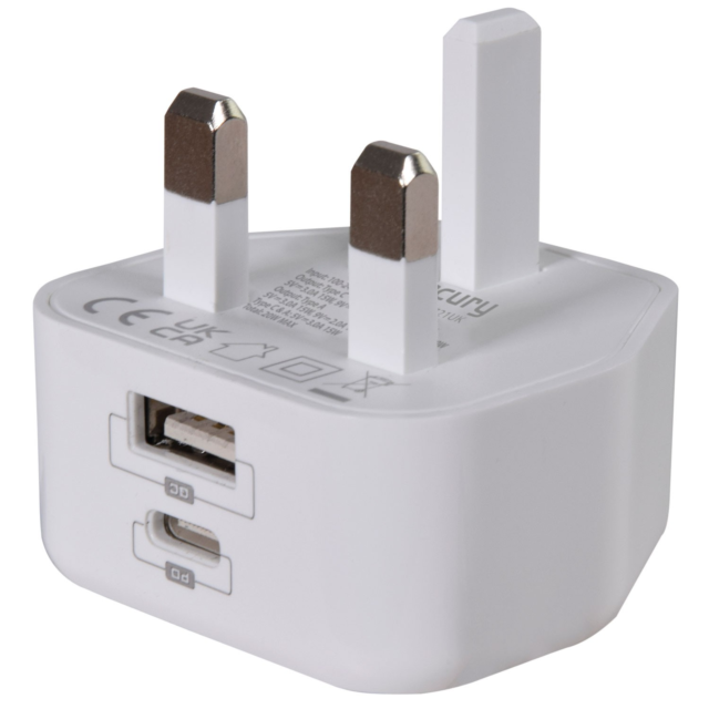 Mercury 421.721UK Low Profile USB Type-A & C Charger White