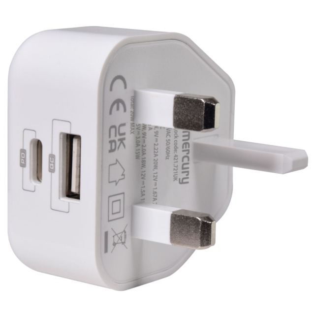 Mercury 421.721UK Low Profile USB Type-A & C Charger White