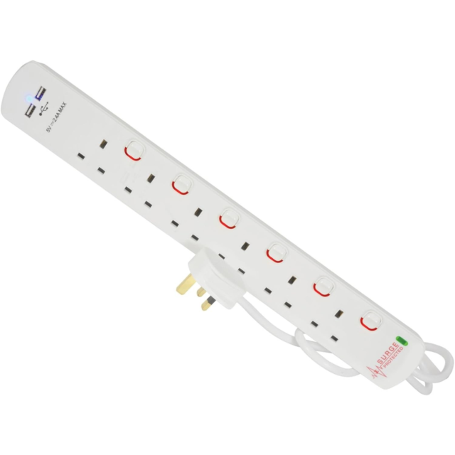 Pro Elec PELB1967 6 Gang Surge Protected Switched With 2X USB 2M White