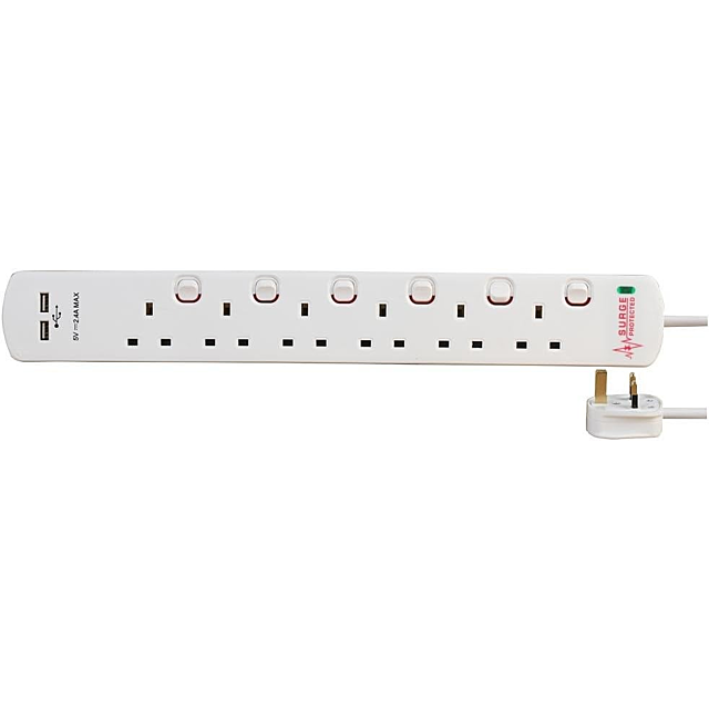Pro Elec PELB1967 6 Gang Surge Protected Switched With 2X USB 2M White