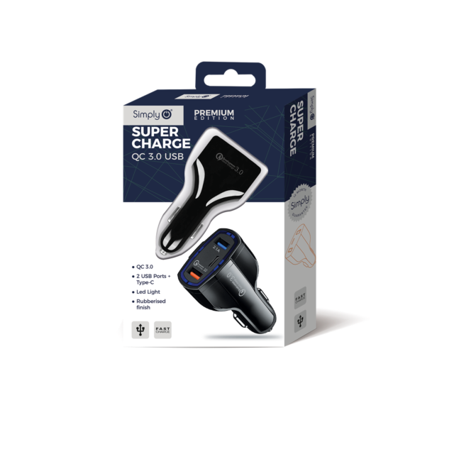 Simply SUSB05 Super Charge Qc 3.0 USB Car Charger / 2 USB Ports + Type-C Black