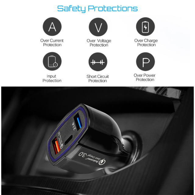 Simply SUSB05 Super Charge Qc 3.0 USB Car Charger / 2 USB Ports + Type-C Black