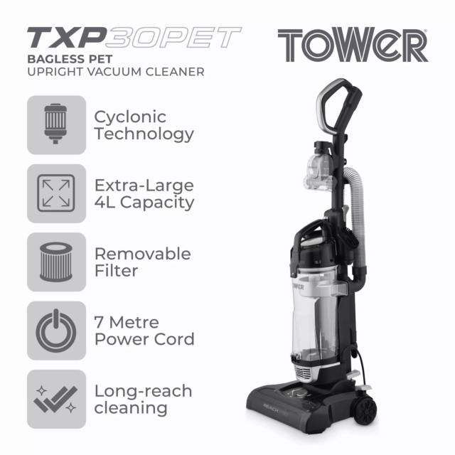 Tower T108001PLPET Bagless Pet Upright Vacuum Cleaner Black