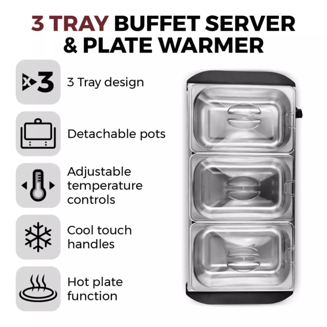 Tower T16150 3-Tray Buffet Server + Plate Warmer Stainless Steel