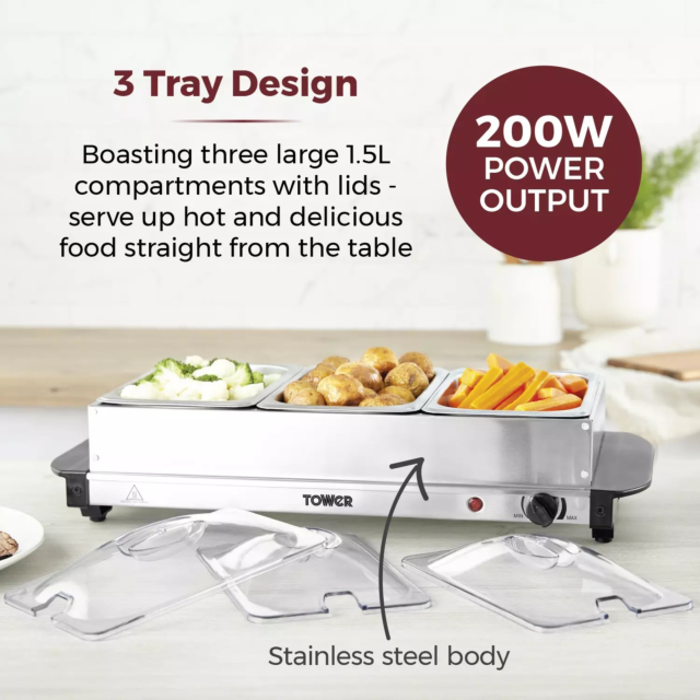 Tower T16150 3-Tray Buffet Server + Plate Warmer Stainless Steel
