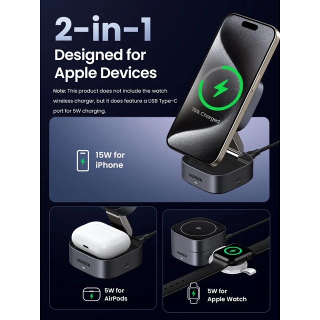 Ugreen 35316 2-In-1 Magnetic Wireless Charger Black