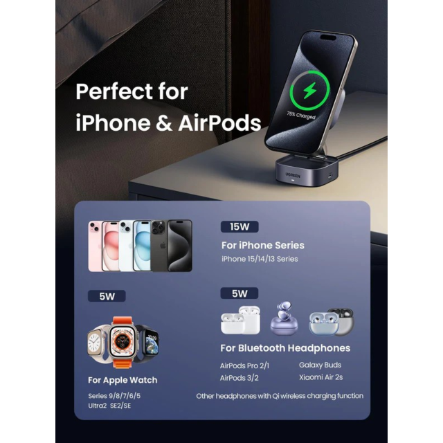 Ugreen 35316 2-In-1 Magnetic Wireless Charger Black