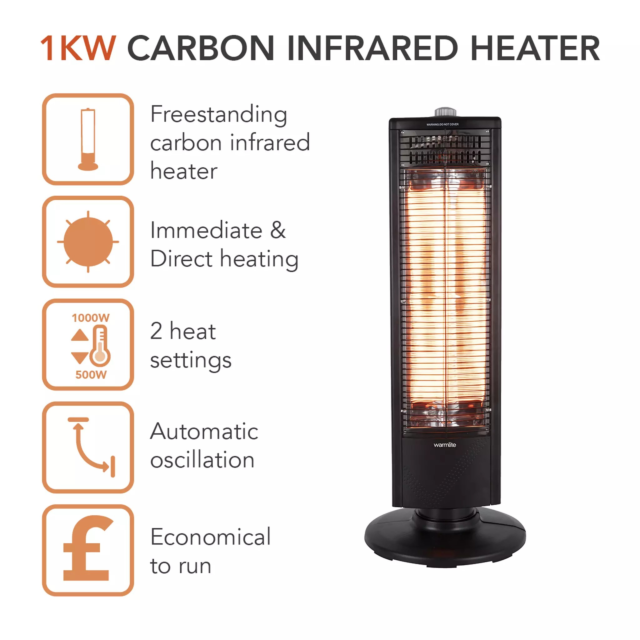 Warmlite WL42013 1Kw Carbon Heater With Oscillation Black